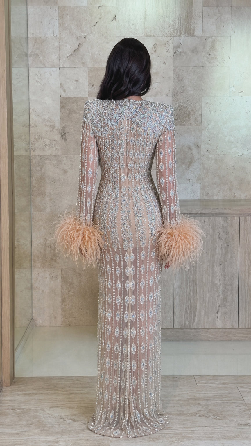 Embellished Cutout Column Gown with Feather Trimmed Cuffs