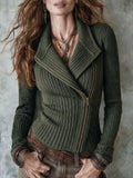 Boho Ribbed Knit Asymmetric Zip Moto Sweater