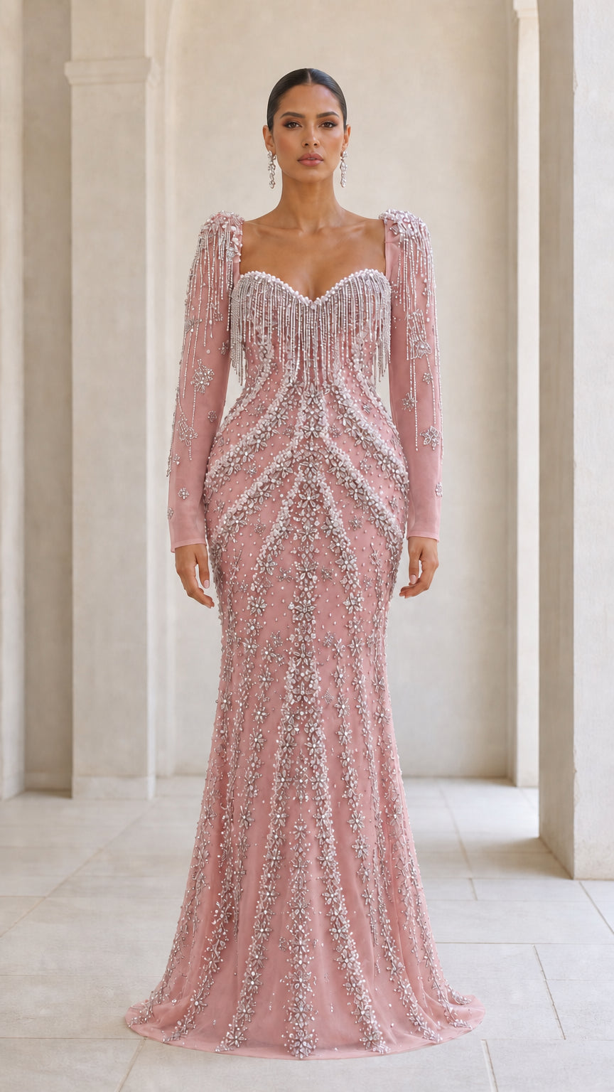 Beaded Long Sleeve Mermaid Evening Gown with Fringe Sweetheart Neckline