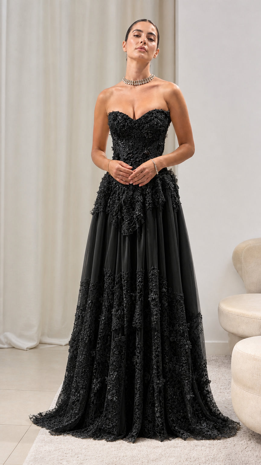 Strapless Floral Appliqué Corset Evening Gown with Tiered Lace Tulle Skirt