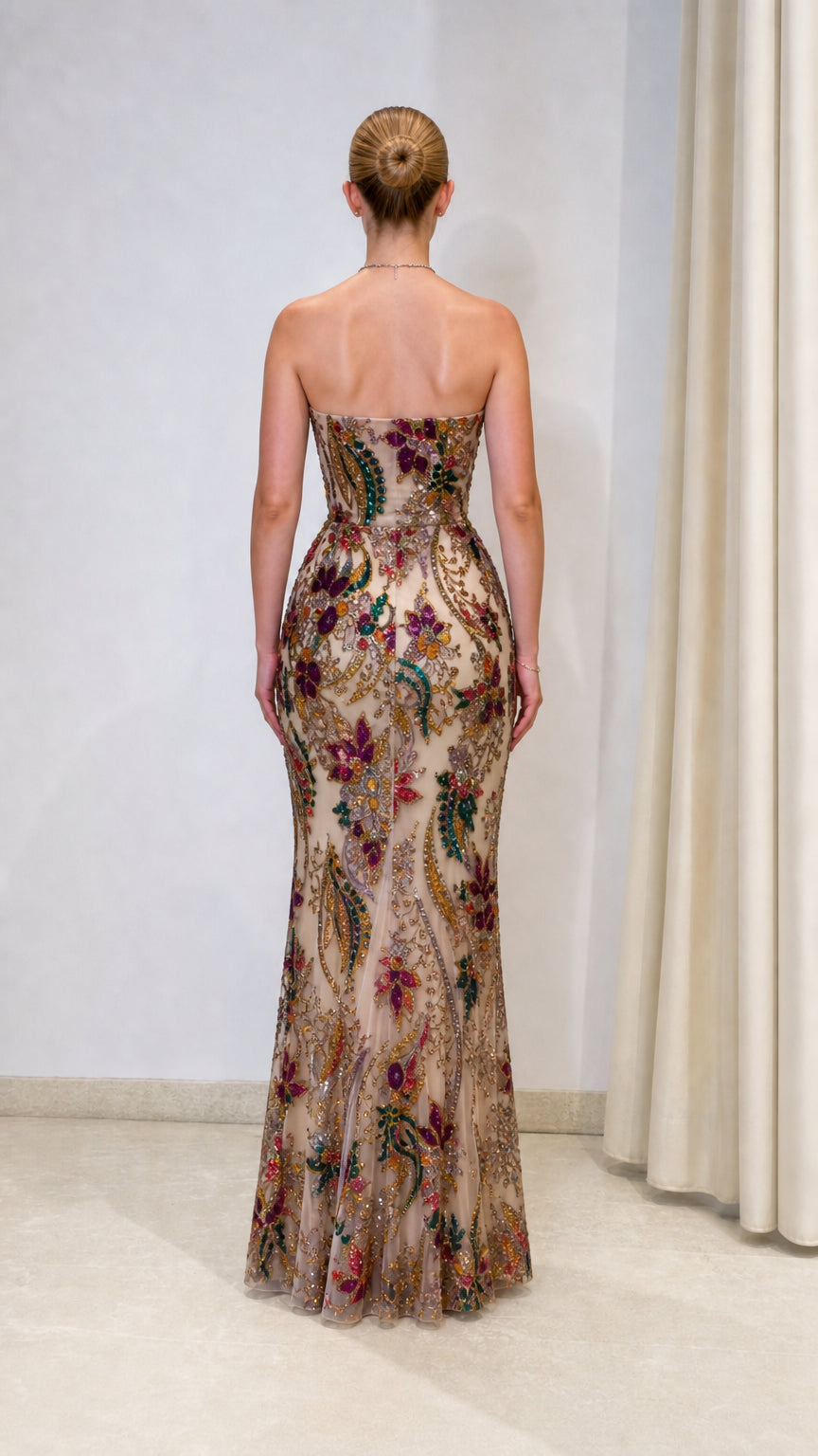 Strapless Beaded Floral Sequin Mermaid Evening Gown
