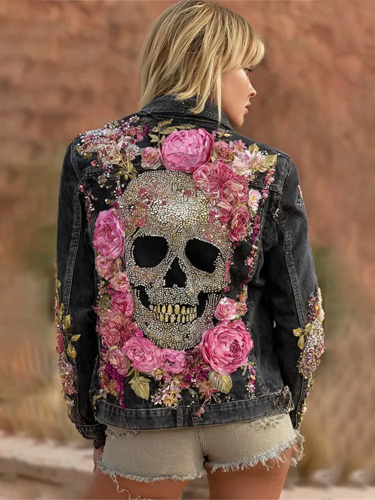Vintage Boho Skull Embroidered Art Women's Denim Jacket