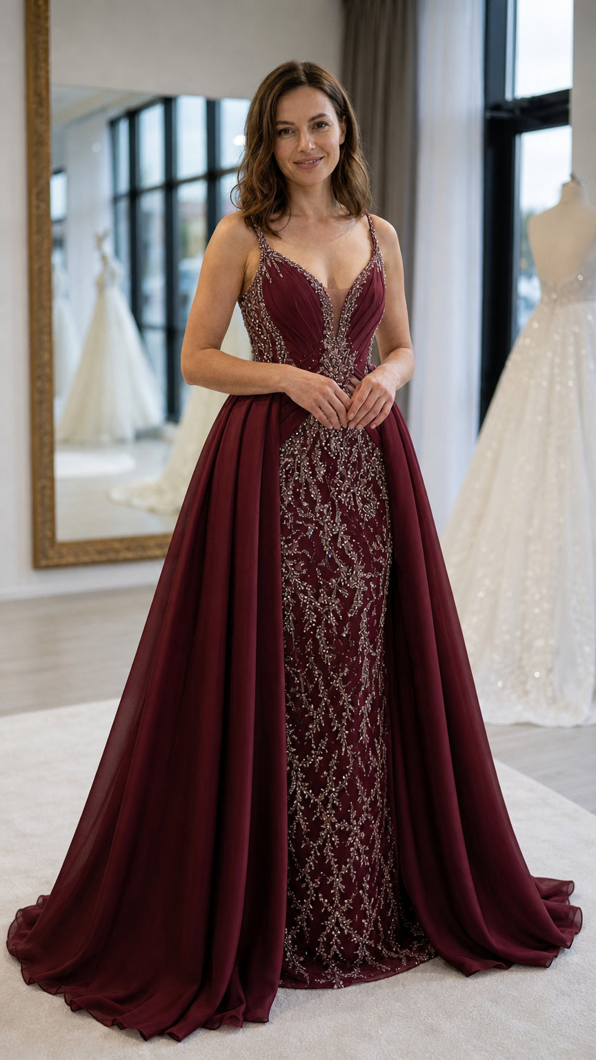 Beaded Illusion Plunge Evening Gown with Ruched Bodice and Overskirt