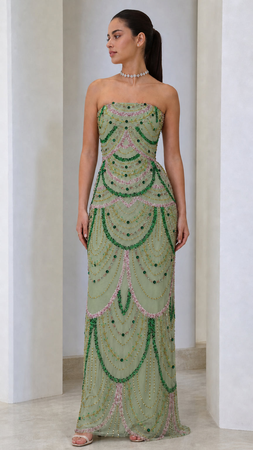 Strapless Scallop Beaded Evening Maxi Dress