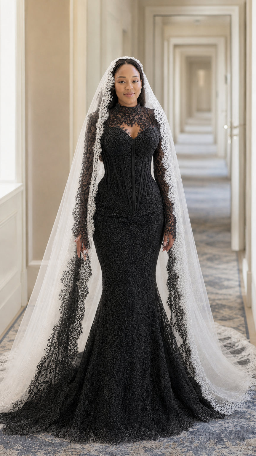 Illusion High Neck Corset Lace Mermaid Wedding Gown with Long Sleeves