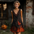 Women's Halloween Spider Web And Rose Embroidered Sleeveless Dress