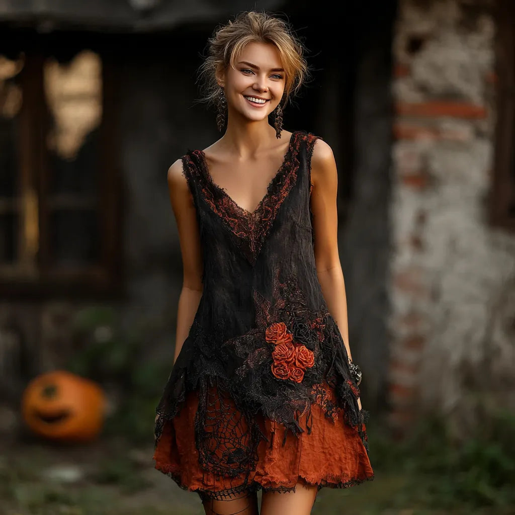 Women's Halloween Spider Web And Rose Embroidered Sleeveless Dress