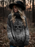 Women's Viking Tribal Jacquard Celtic With Rose And Skull Inspired Chunky Knit Hooded Sweater