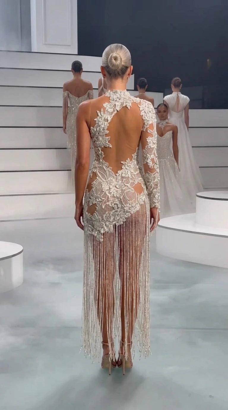 Asymmetric Embroidered Lace Cutout Fringe Evening Maxi Dress