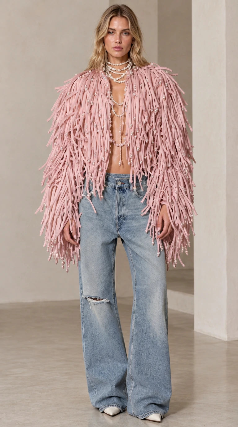 Women's Pearl Embellished Shaggy Fringe Open Front Statement Jacket