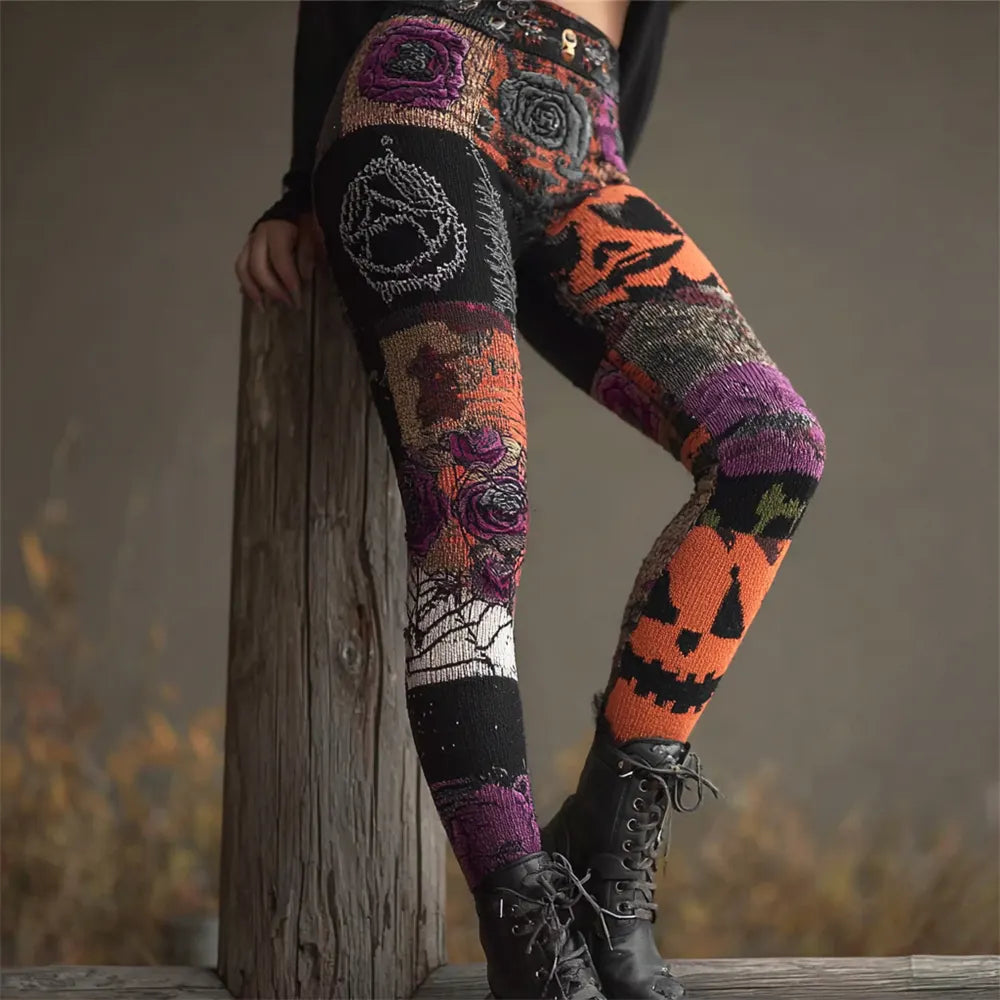 Halloween Pumpkin Emoji Patchwork Women's Knit Leggings