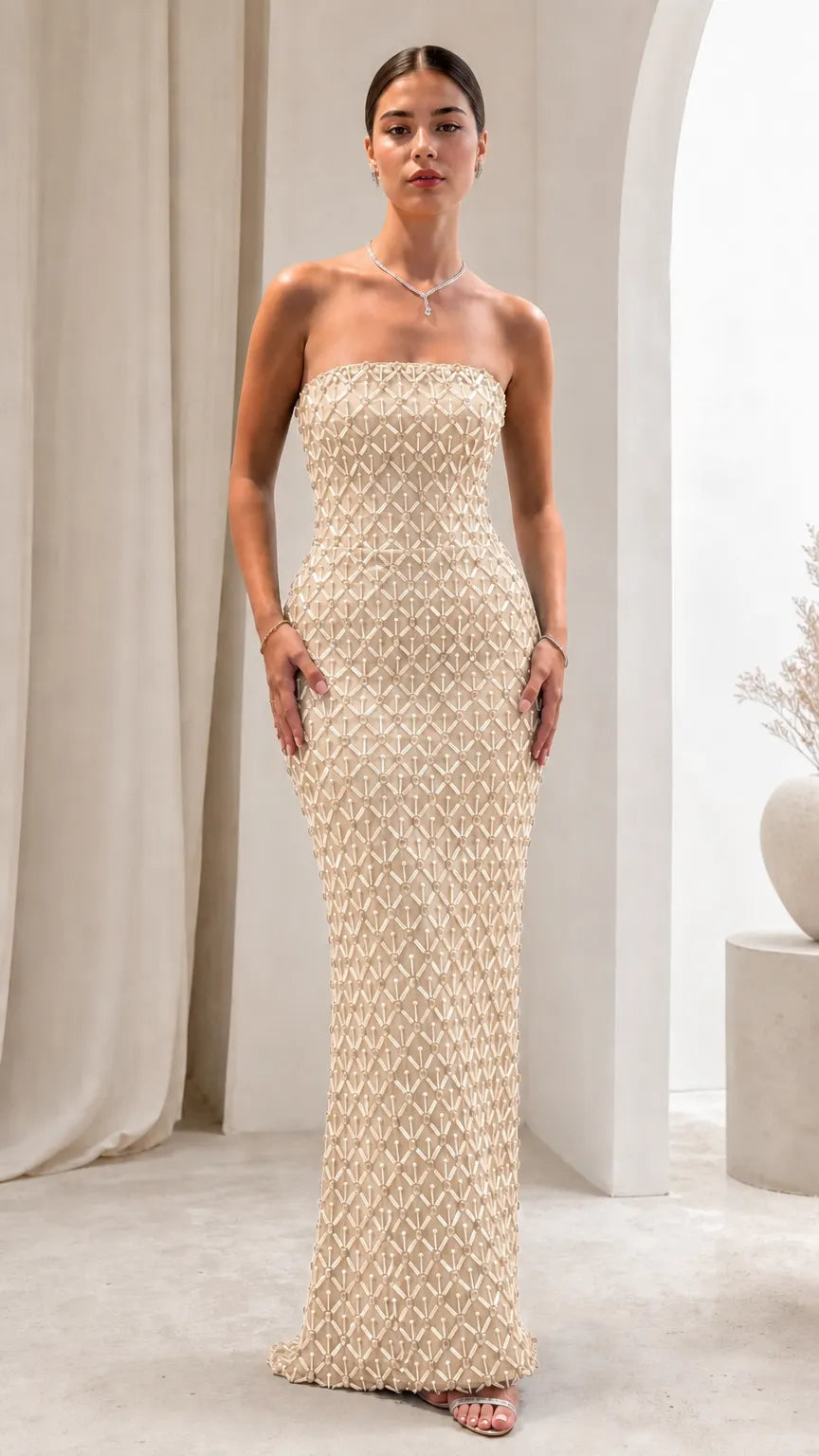 Strapless Beaded Column Maxi Evening Gown