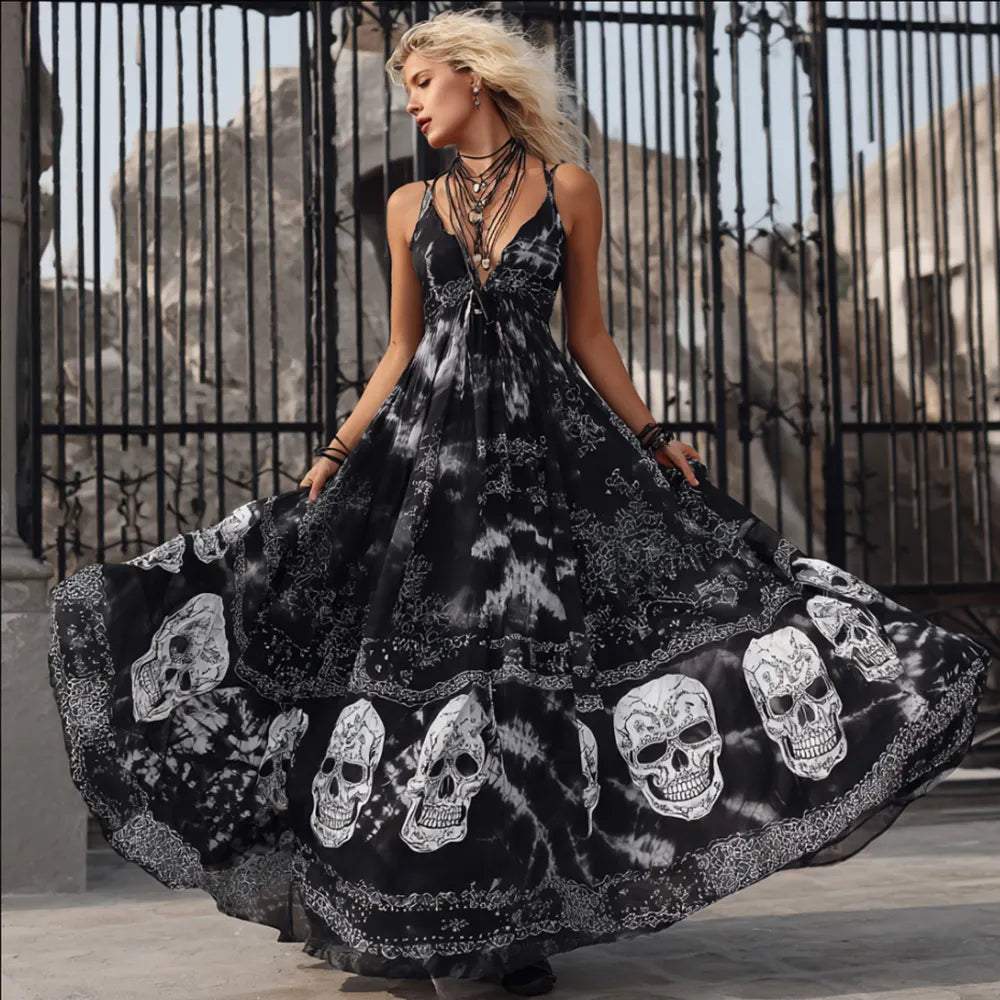 Women's Skeleton Flower Tie-dye Black Floral Print Camisole Dress