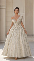 Asymmetrical Feather Accent Beaded Ball Gown