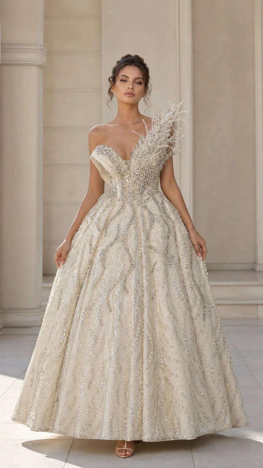 Asymmetrical Feather Accent Beaded Ball Gown