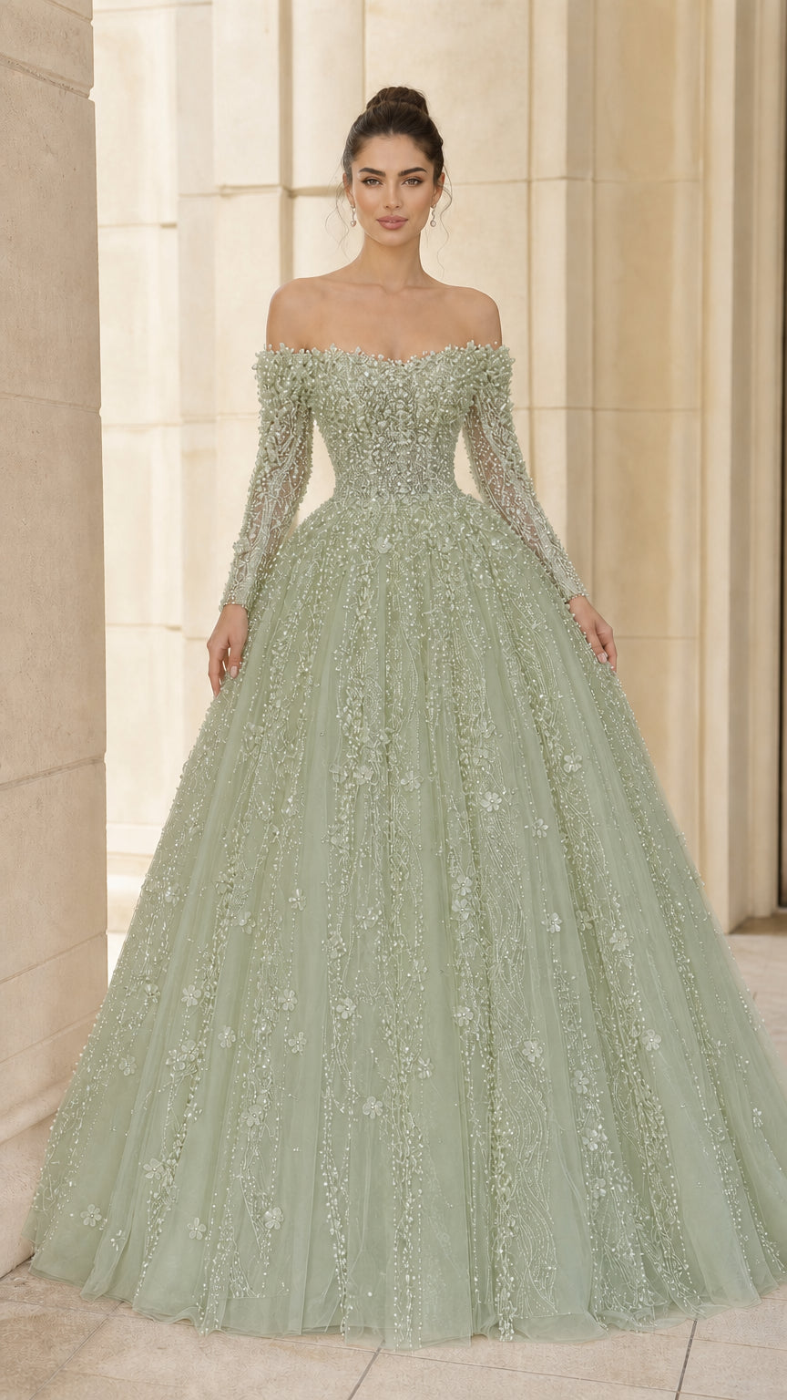 Off-the-Shoulder Long Sleeve Pearl Beaded Ball Gown