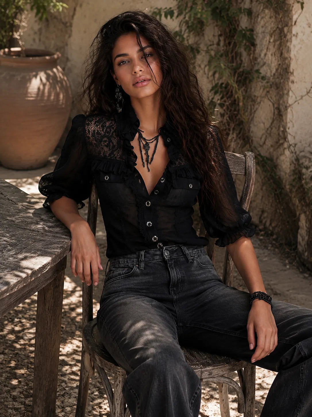 Boho Ruffle Lace Sheer Tencel-linen Blend Puff Sleeve Blouse