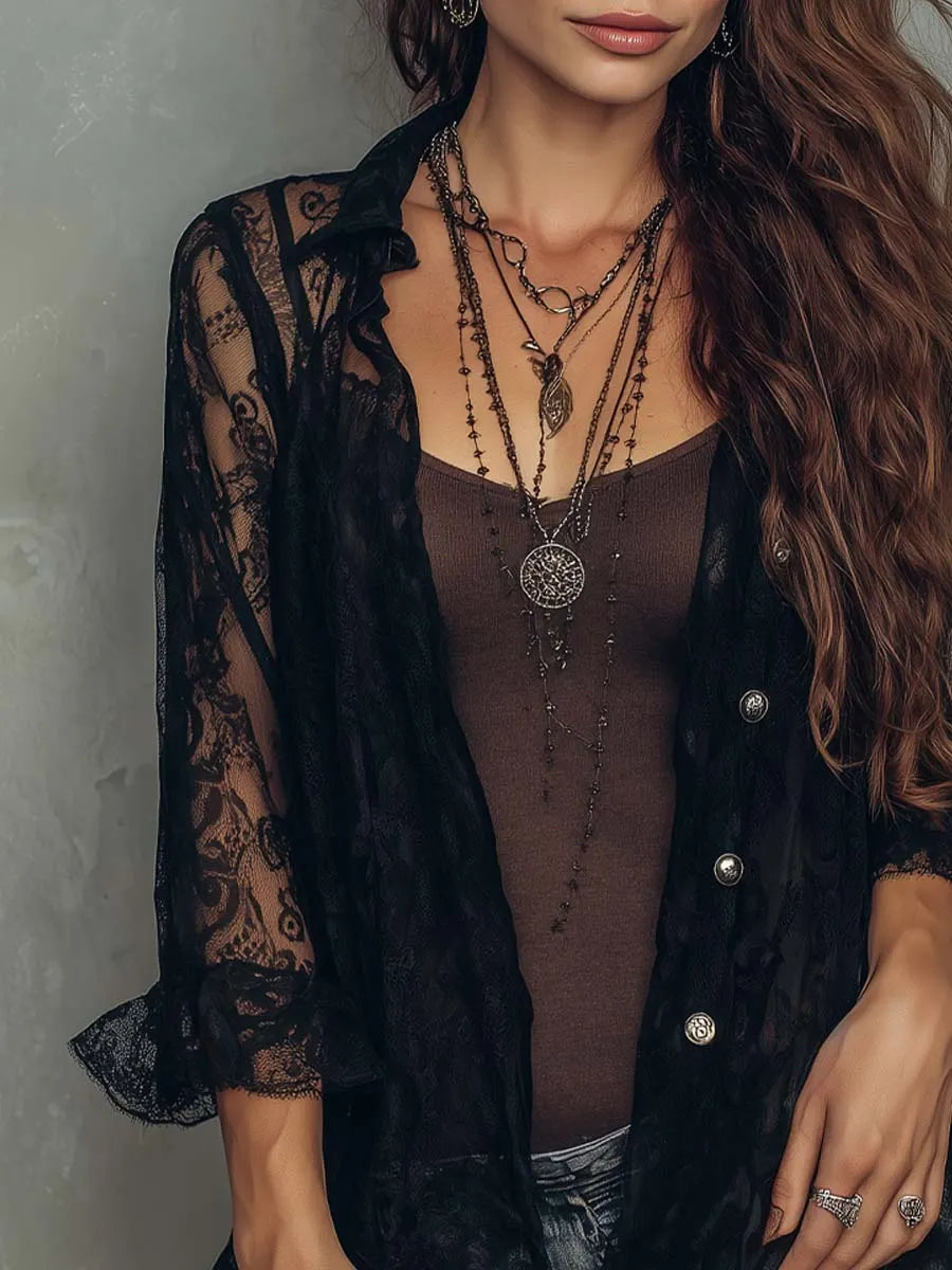 Vintage Metal Buttons Lace Blouse