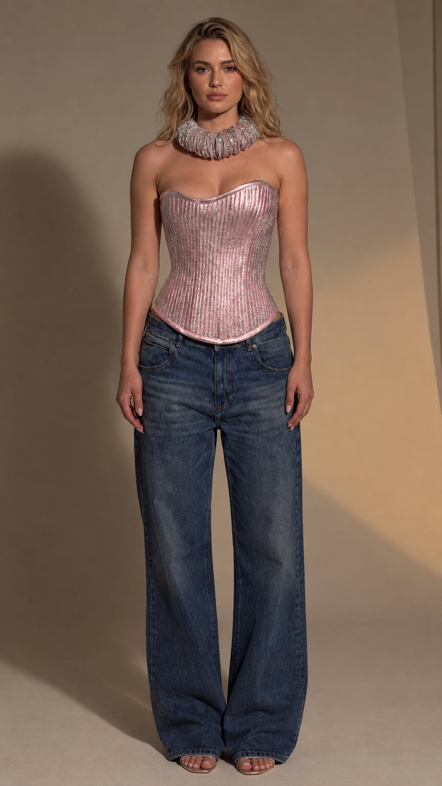 Metallic Pleated Strapless Corset Top with Lace-Up Detail