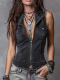 Vintage Zip-Front Distressed Hem Denim Vest
