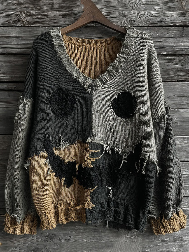 Halloween Spooky Face Contrast Stitching Comfortable V-neck Knitted Sweater