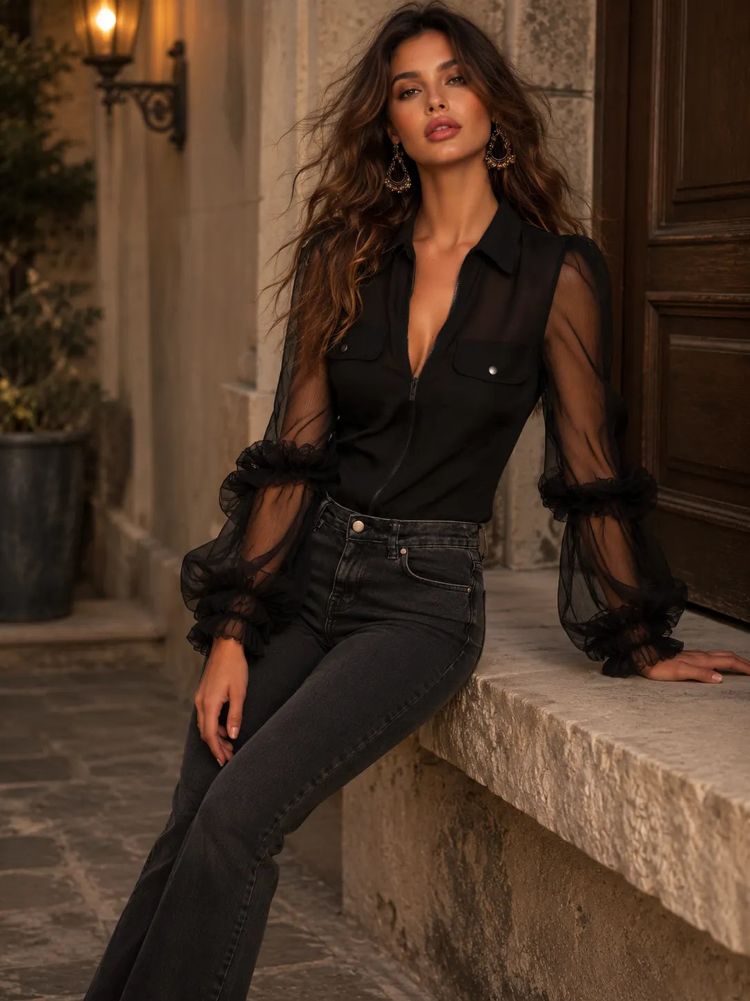 Collared Zip Front Pocket Sheer Ruffle Cuff Long Sleeve Blouse