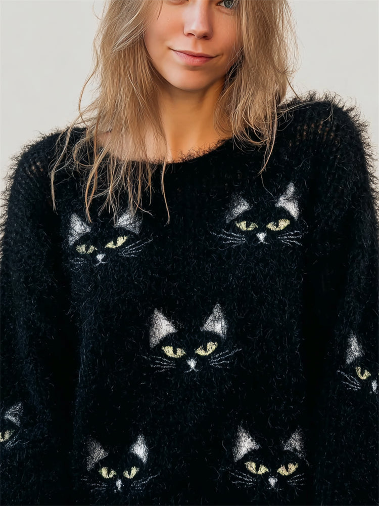 Lovely Black Cat Faces Fuzzy Cozy Knit Sweater