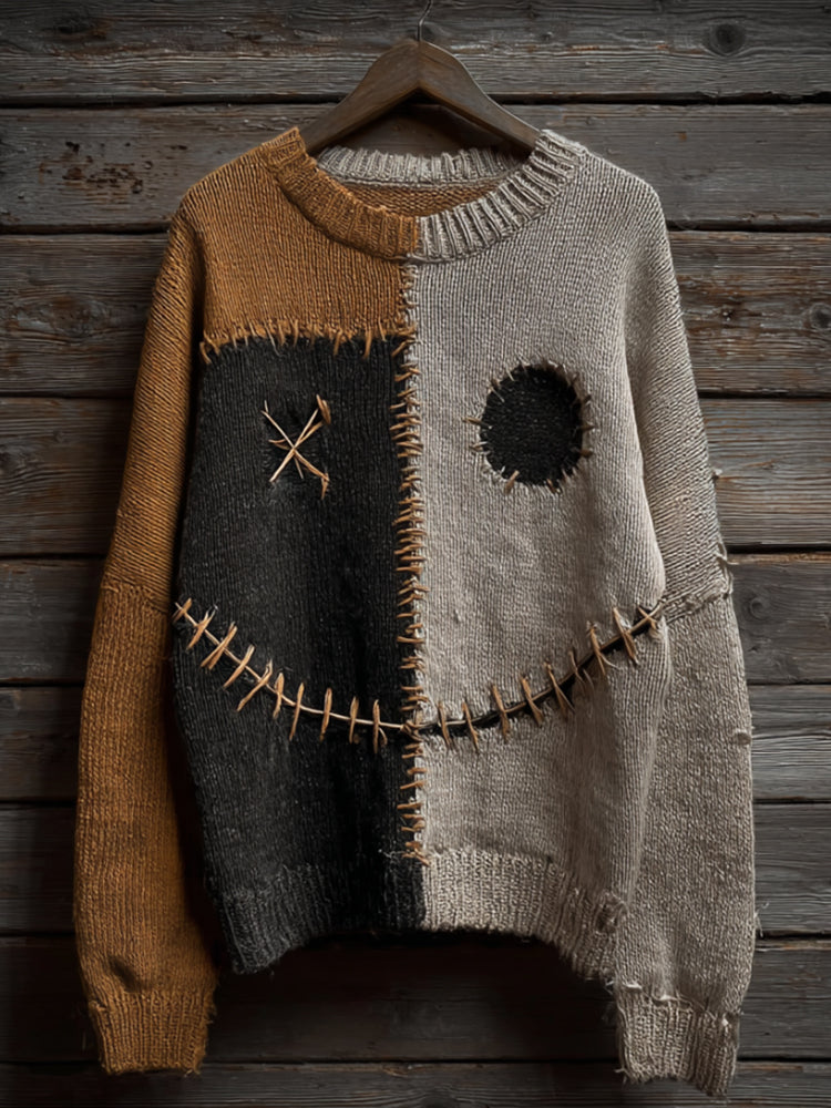Halloween Ghost Face Pumpkin Color Scheme Vintage Long-sleeve Round-neck Sweater