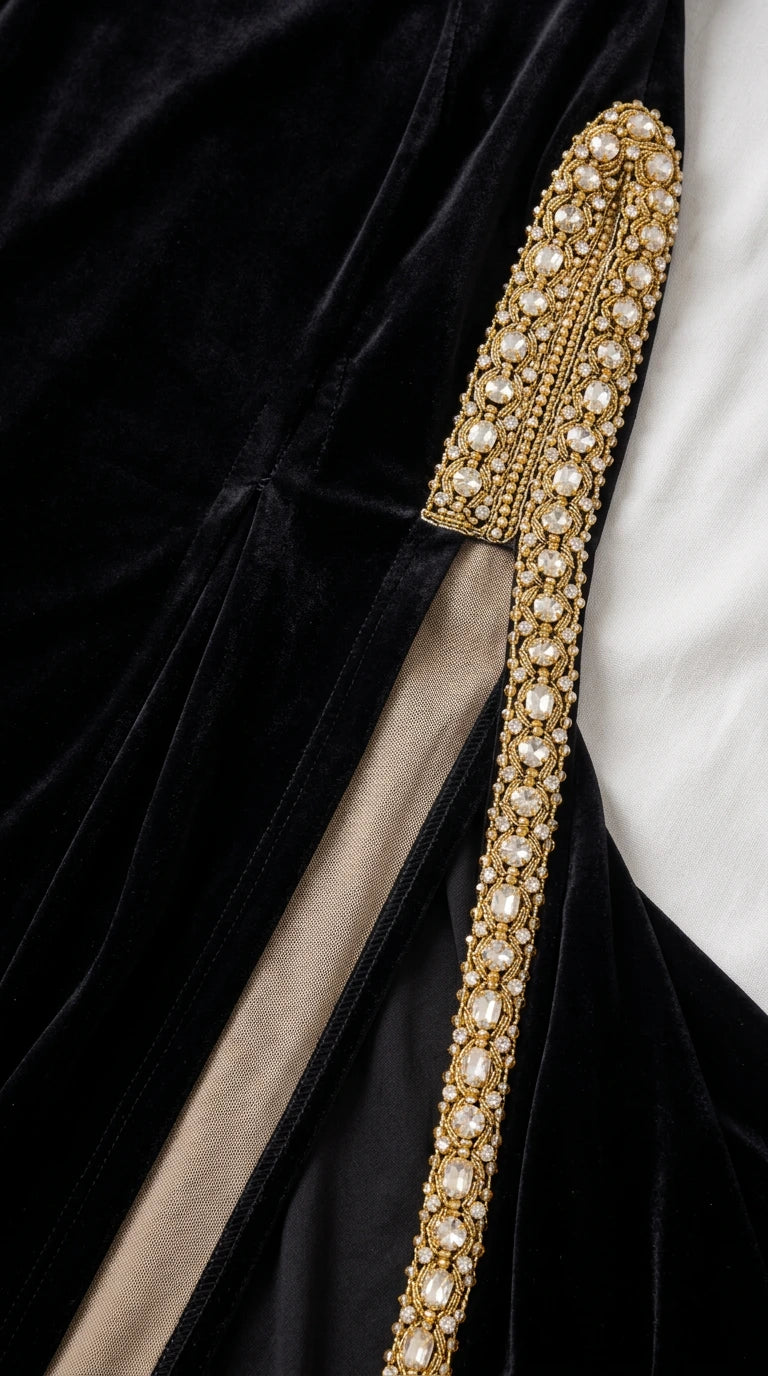 High Neck Long Sleeve Embellished Slit Evening Gown with Train
