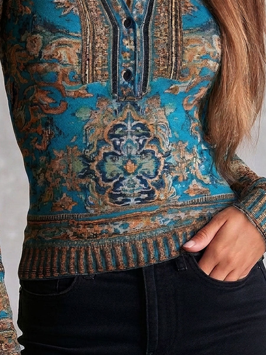 Vintage Ethnic Turquoise Floral Print Half Placket Knit Top