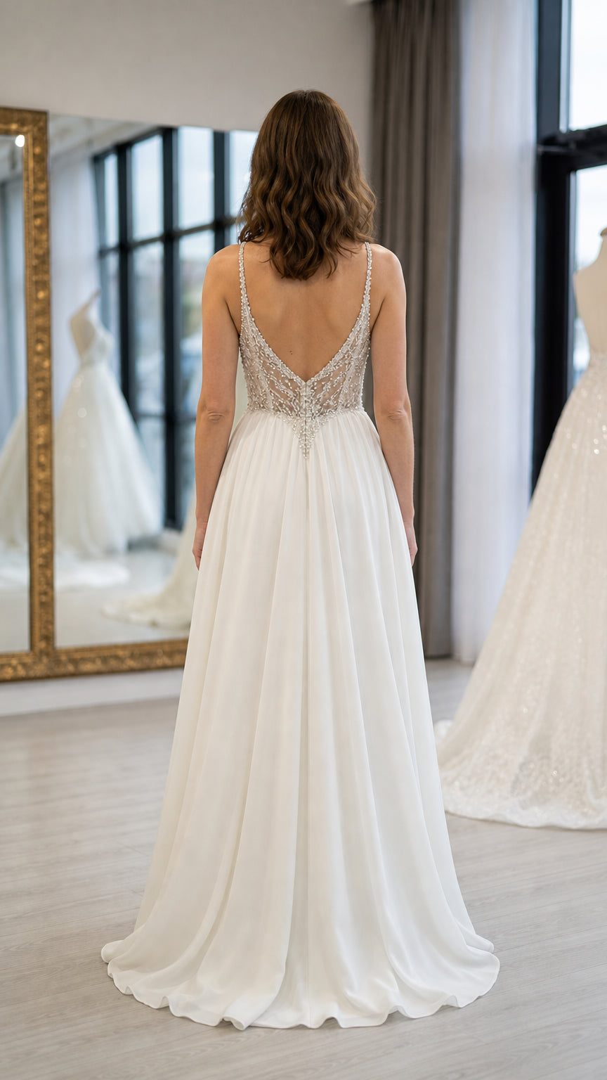 Beaded Illusion Plunge Evening Gown with Ruched Bodice and Overskirt