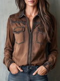 Vintage Brown Washed Contrast Stitching Utility Zip Shirt Jacket