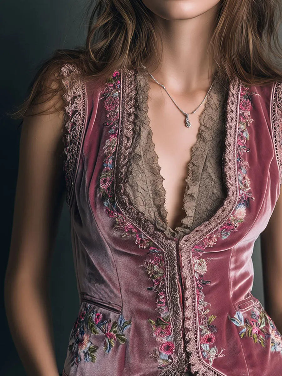 Vintage Dusty Rose Velvet Embroidered Vest With Lace Trim