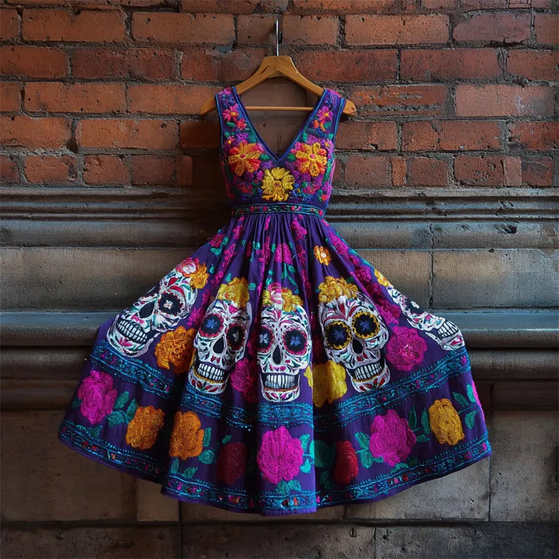 Day Of The Dead Sugar Skulls Floral Embroidered Linen Dress
