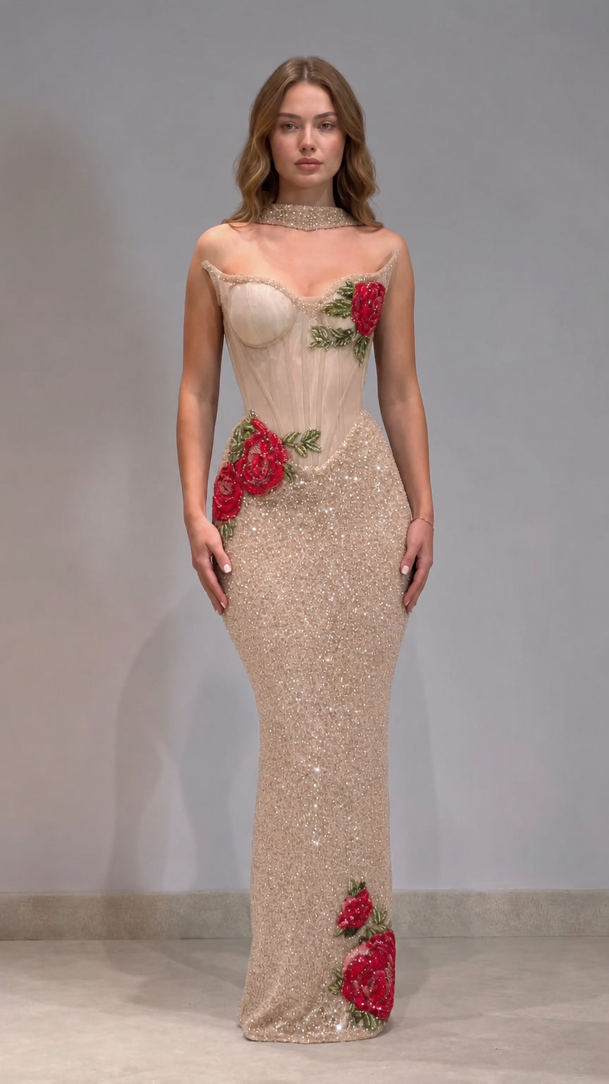 Embroidered Rose Boned Corset Sequin Mermaid Evening Gown with Choker