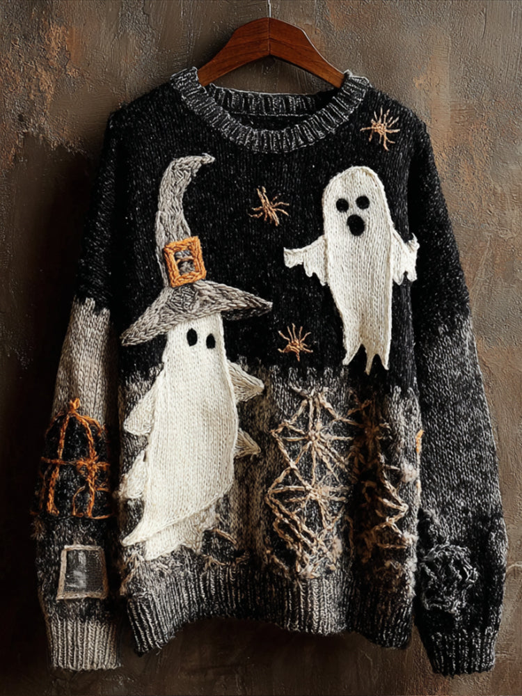 Halloween Screaming Ghost 3d Embroidery Vintage Gradient Round Neck Sweater