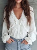 Vintage Victorian V-Neck Ruffle Lace Blouse