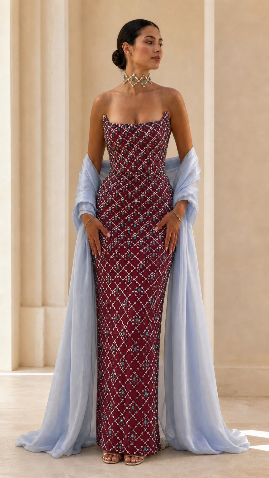 Strapless Beaded Column Evening Gown with Draped Chiffon Shawl