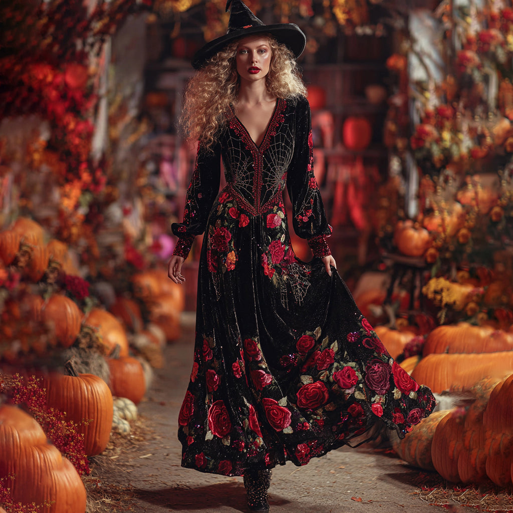 Women's  Classic Halloween Rose And Spider Web Art Comfy Velvet Maxi Dress