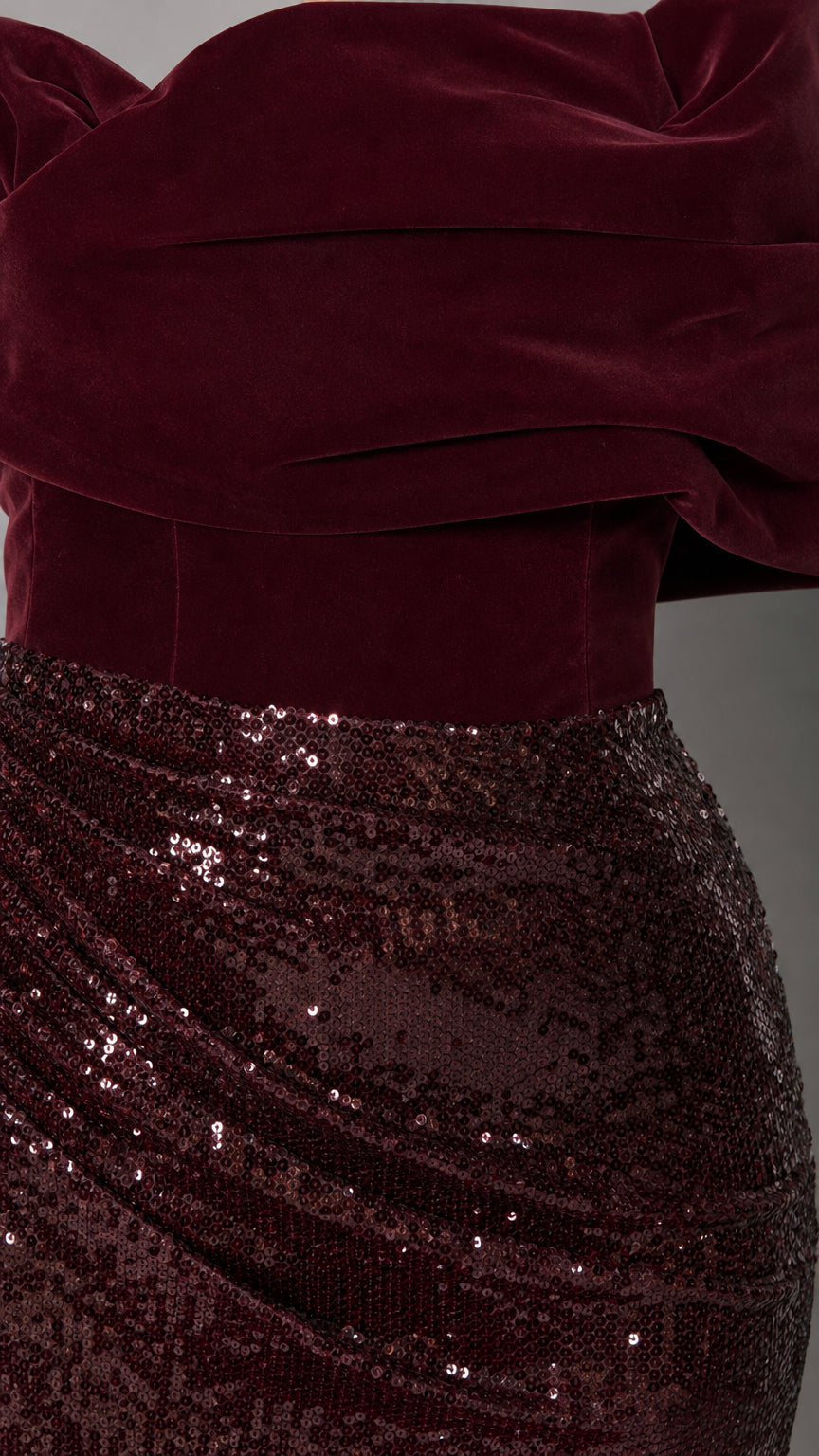 One-Shoulder Velvet and Sequin Mermaid Evening Gown with Sculptural Draped Sleeve