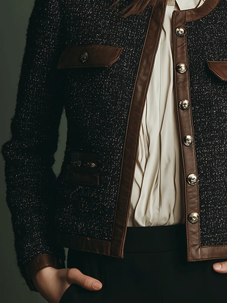 Classic Vintage Leather Trim Tweed Jacket