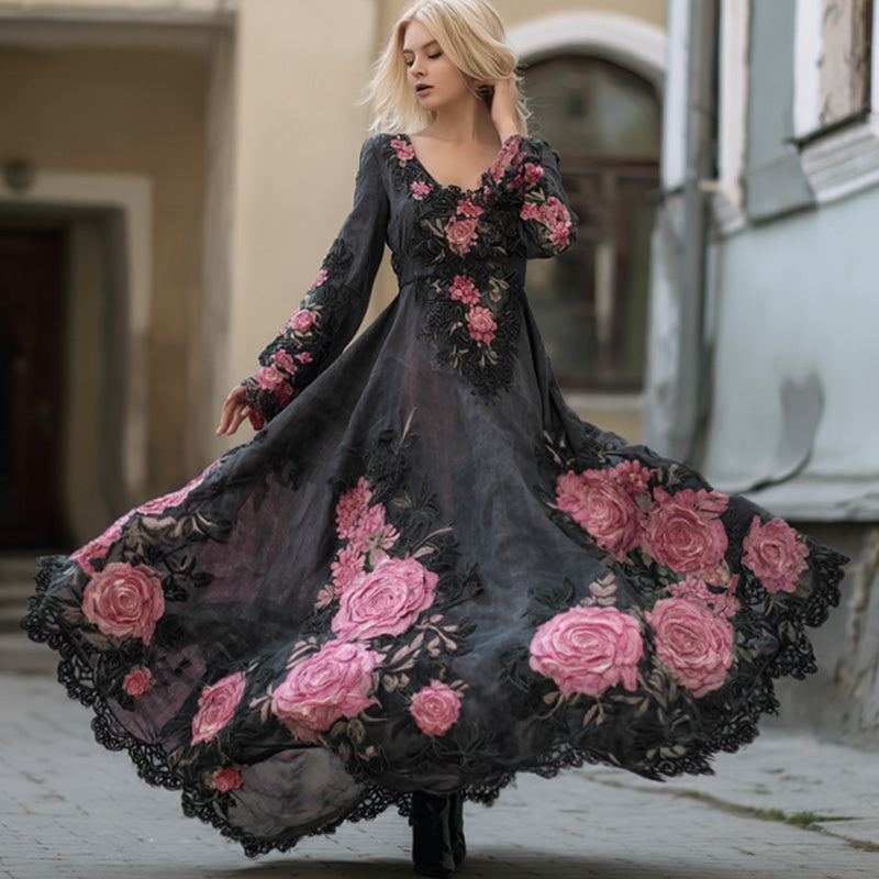 Women's Casual Retro Bohemian Embroidered Floral Print Dress