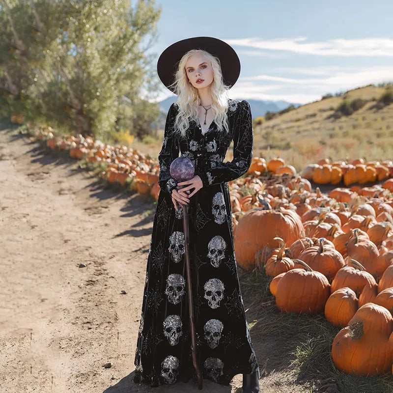 Women's  Classic Halloween Skull And Spider Web Art Comfy Velvet Maxi Dress
