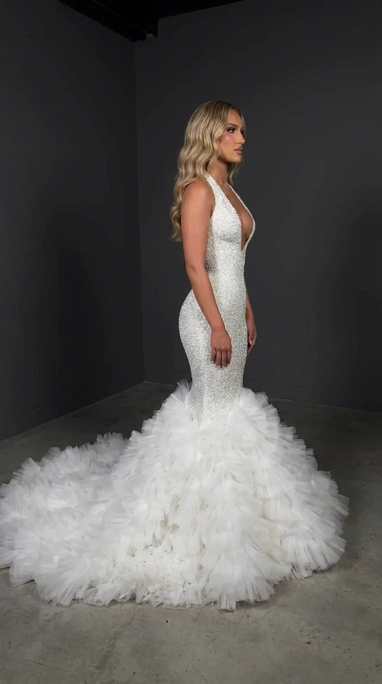 Deep Plunge Halter Beaded Mermaid Gown with Voluminous Ruffled Tulle Train