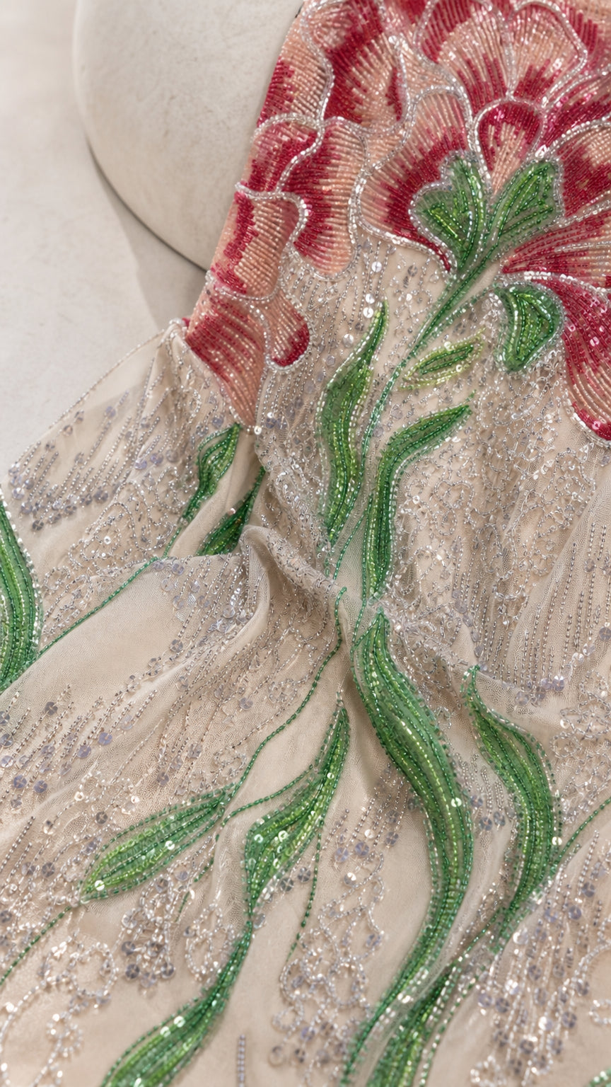 Floral Beaded Strapless Mermaid Evening Gown with Draped Cape