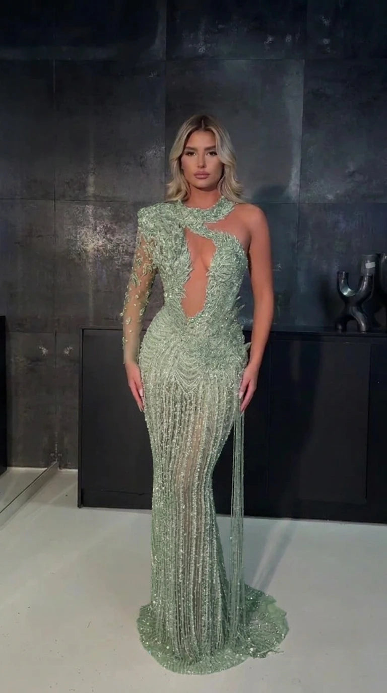 One-Shoulder Cutout Sequin Beaded Evening Gown with Long Sleeve