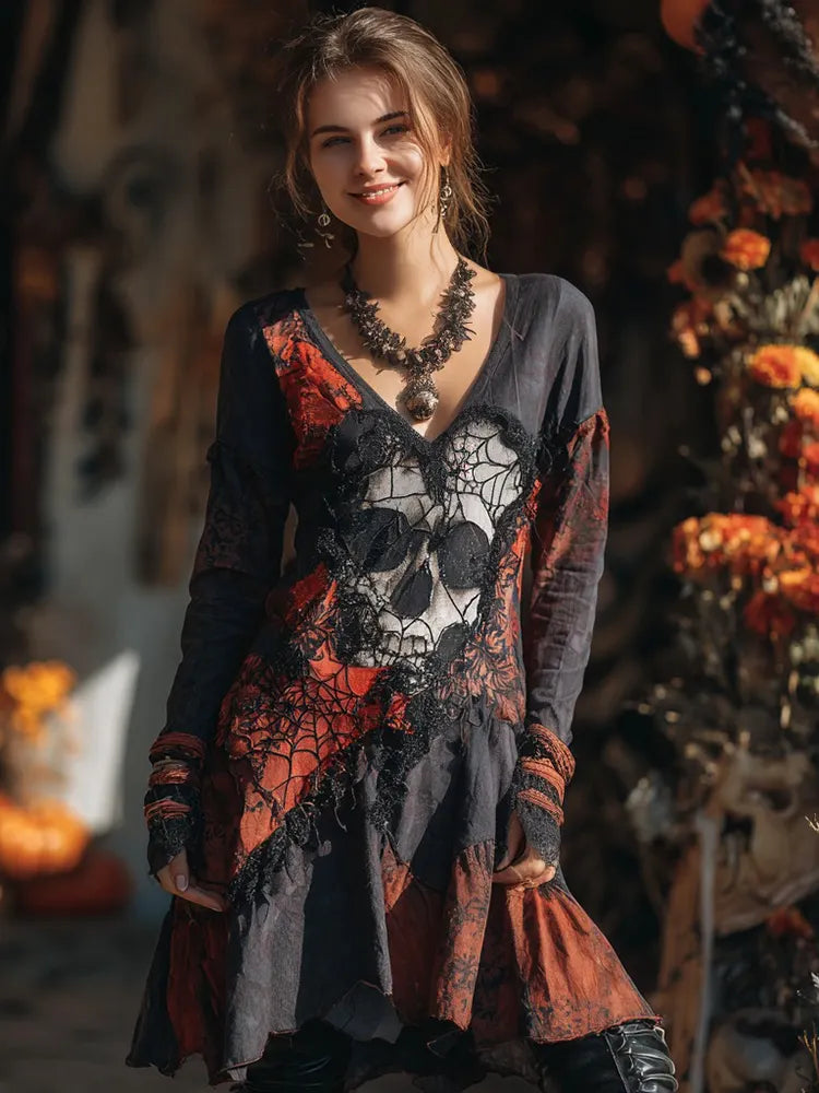 Women's Halloween Skull And Spider Web Pattern V-neck Long Sleeve Dress