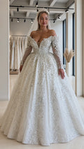 Off-the-Shoulder Long Sleeve Beaded Sequin Ball Gown Wedding Dress