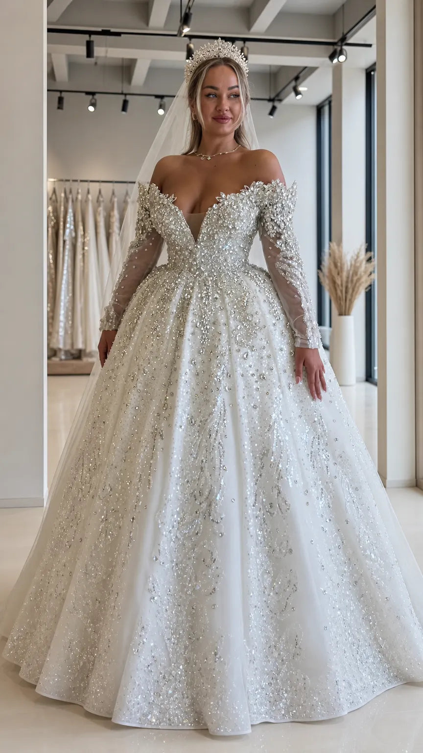 Off-the-Shoulder Long Sleeve Beaded Sequin Ball Gown Wedding Dress
