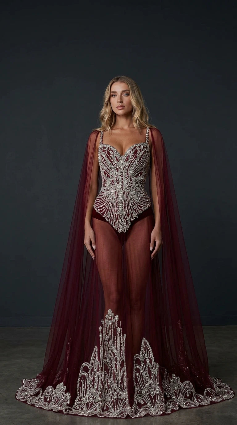 Embellished Corset Bodysuit with Embroidered Floor-Length Tulle Cape Set